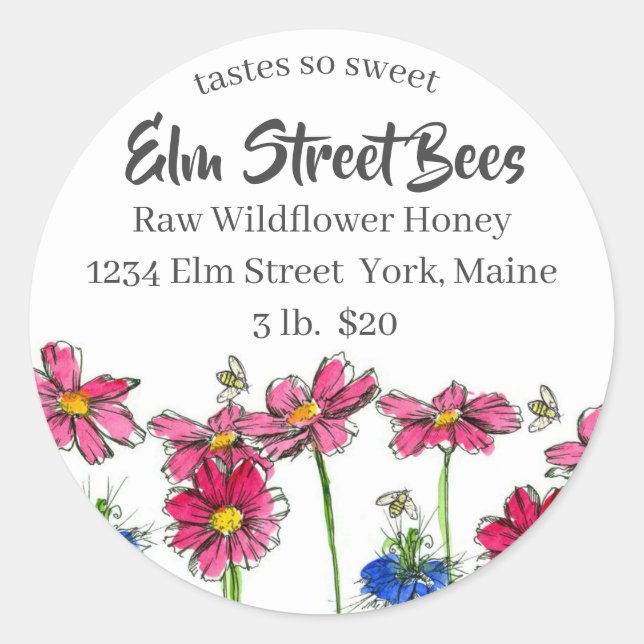 Rosa Cosmos Färska honungsbin Etikett (Framsida)