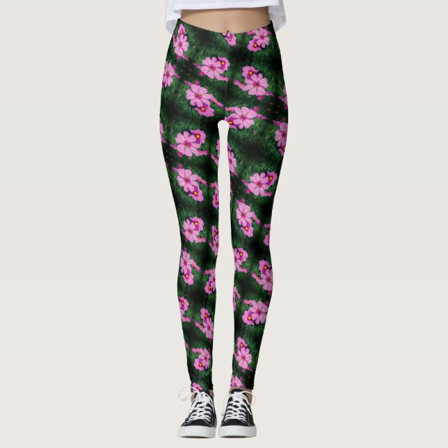 Rosa Cosmos Flowers Abstrakt Mönster Leggings (Framsida)