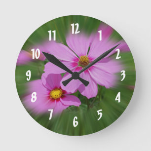 Rosa Cosmos Flowers Rund Klocka