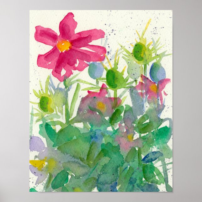 Rosa Cosmos Nigella Watercolor Flower Painting Poster (Framsidan)