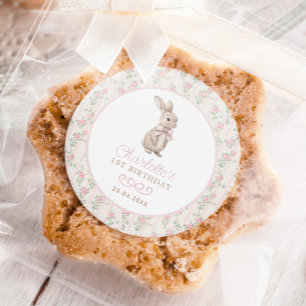 Rosa Cottage Chic Bunny Blommigt Girl 1 Birthday Runt Klistermärke