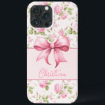 Rosa Cottage Ro med Bow Coquette<br><div class="desc">Iphone case har en rosa kål i ron i bakgrunden med en böjd rosa-ruta som förankrar ditt namn med en söt rosa-båge.</div>