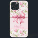 Rosa Cottage Ro med Bow Coquette<br><div class="desc">Iphone case har en rosa kål i ron i bakgrunden med en böjd rosa-ruta som förankrar ditt namn med en söt rosa-båge.</div>