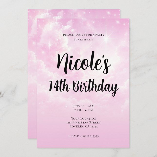 Rosa Cotton Candy Clouds Starry Himmel Födelsedags Inbjudningar (Fram/baksida)