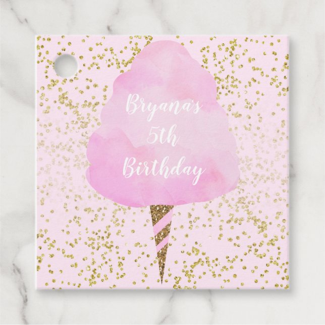 Rosa Cotton Candy & Guld Confetti Födelsedagsfest Gåvor Etiketter (Framsida)
