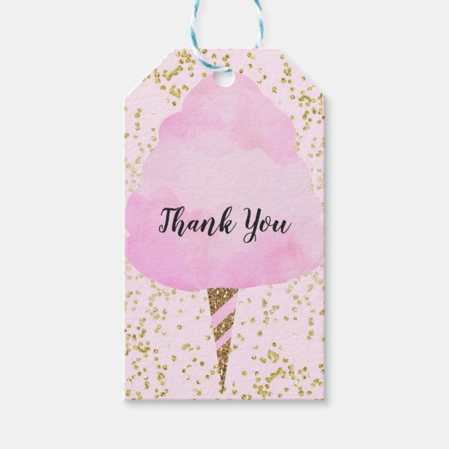Rosa Cotton Candy & Guld Confetti Födelsedagsfest Presentetikett (Framsidan)