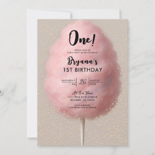 Rosa Cotton Candy Guld Konfetti 1-års Födelsedagsf Inbjudningar