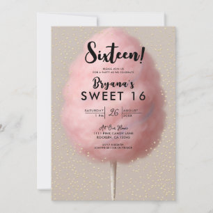 Rosa Cotton Candy Guld Konfetti Sött 16 Födelsedag Inbjudningar