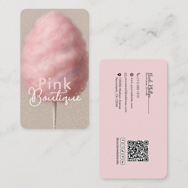 Rosa Cotton Candy Sugar & Guld Confetti Boutique Visitkort (Fram/baksida)