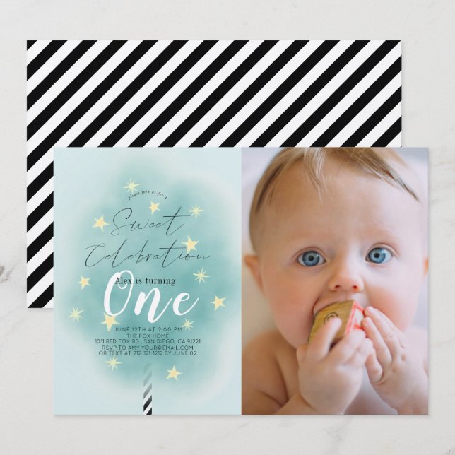 Rosa Cotton Candy Sweet Boy 1 Birthday Photo Inbjudningar (Fram/baksida)