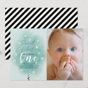 Rosa Cotton Candy Sweet Boy 1 Birthday Photo Inbjudningar