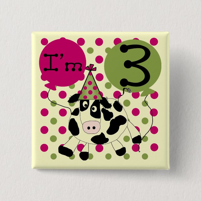 Rosa Cow 3:e födelsedagskjortor och gåvor Knapp (Framsida)