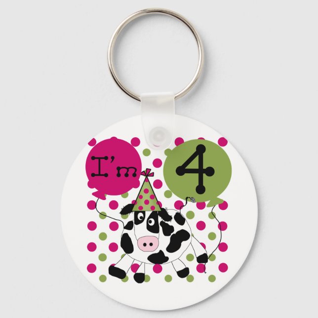 Rosa Cow 4e födelsedagen Tshirts och presenter Nyckelring (Framsida)