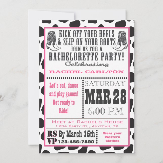 Rosa Cow Print Cowgirl Bachelorette Party Inbjudan (Framsida)