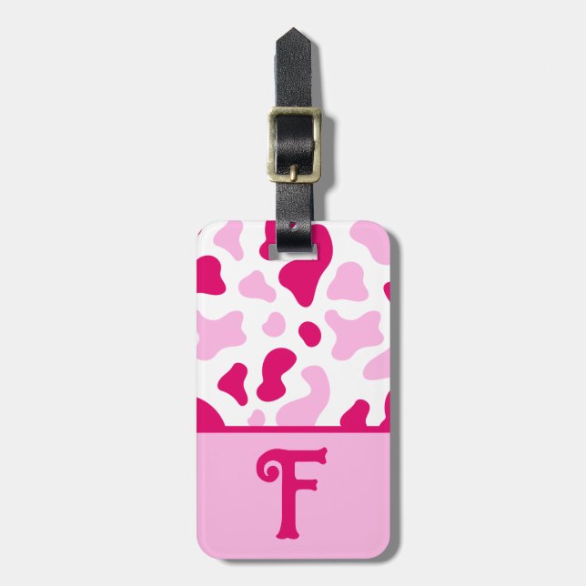 Rosa Cow-utskrift, Färg Block Barn Initial Bagagebricka (Vertikal Framsida)