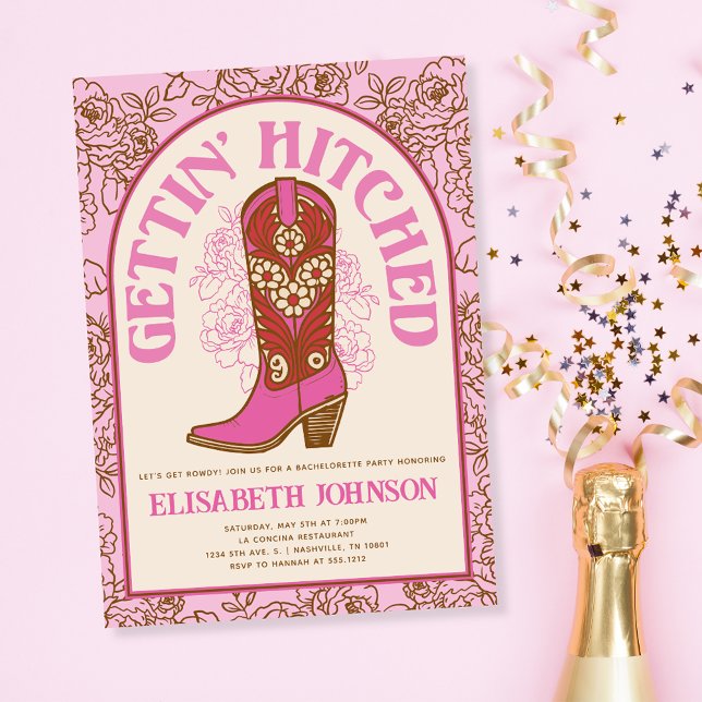 Rosa Cowboy Boot Gettin' Hitched Bachelorette Inbjudningar (Pink Cowboy Boot Gettin' Hitched Bachelorette Invitation)
