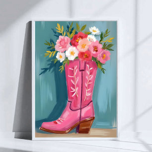 Rosa Cowboy Boots Blombukett Vattenfärg Poster