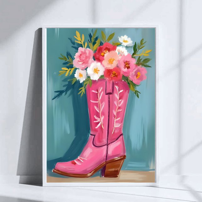 Rosa Cowboy Boots Blombukett Vattenfärg Poster (Skapare uppladdad)