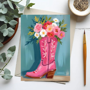 Rosa Cowboy Boots Blombukett Vattenfärg Vykort