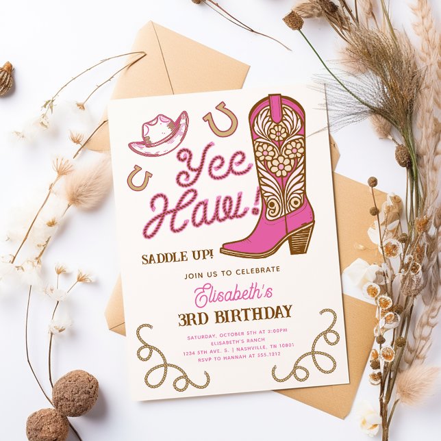 Rosa cowboy stövel Yee Haw tjej Rodeo Födelsedag Inbjudningar (Pink Cowboy Boot Yee Haw Girly Rodeo Birthday Invitation)