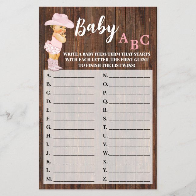 Rosa Cowgirl Baby ABC Baby Shower Game Card Flygblad (Framsidan)
