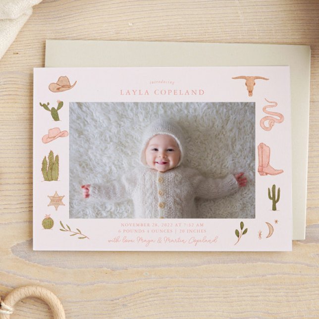 Rosa Cowgirl Baby Photo Birth Notice Meddelande (Skapare uppladdad)