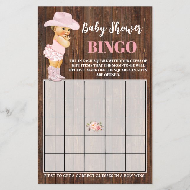 Rosa Cowgirl Baby Shower Bingo Game Card Flyer (Framsidan)
