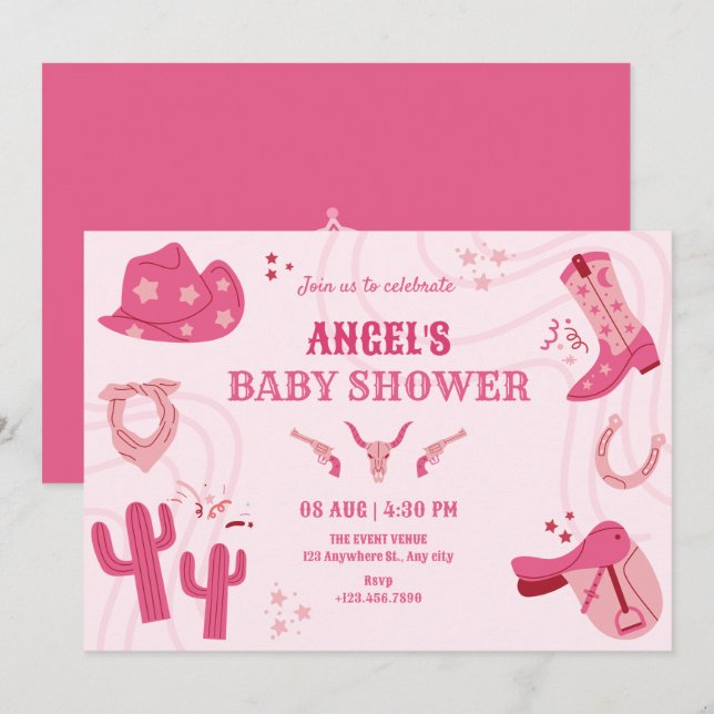 Rosa cowgirl babydusch inbjudningar (Fram/baksida)