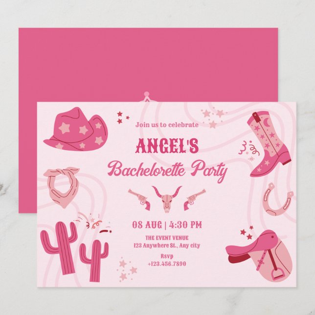 Rosa cowgirl bachelorette inbjudningar (Fram/baksida)
