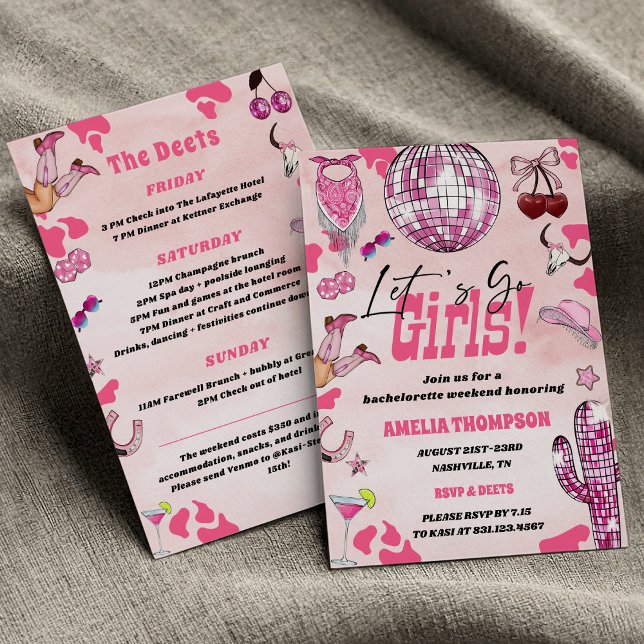 Rosa Cowgirl Bachelorette Väster Rodeo Helg Inbjudningar (Let’s go girls Pink Cowgirl Rodeo West Coquette Bachelorette Rodeo Weekend Invitation
)