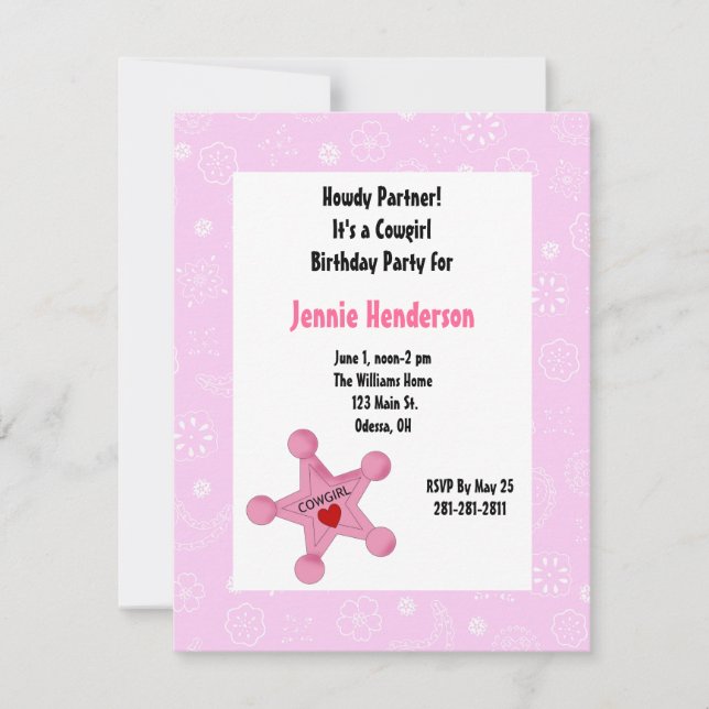 Rosa Cowgirl Badge Birthday Inbjudan (Framsida)