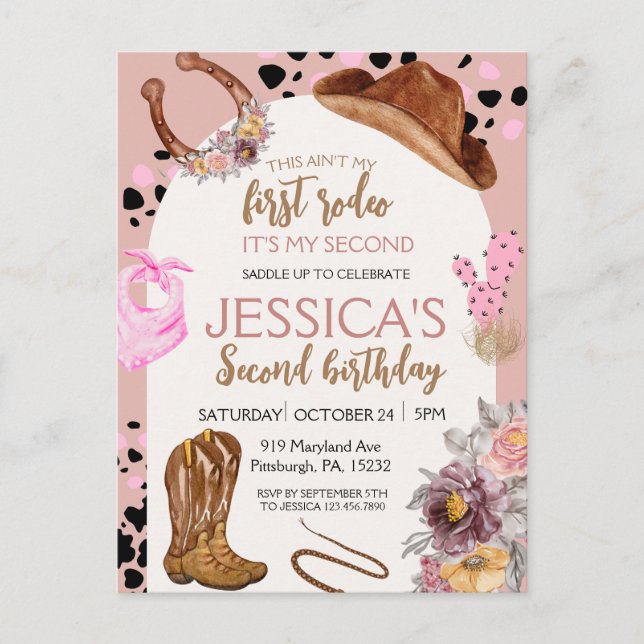 Rosa Cowgirl Birthday 2nd Rodeo Budget Party Vykort (Framsida)