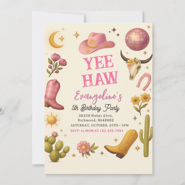 Rosa Cowgirl Birthday Dance Inbjudningar (Framsida)