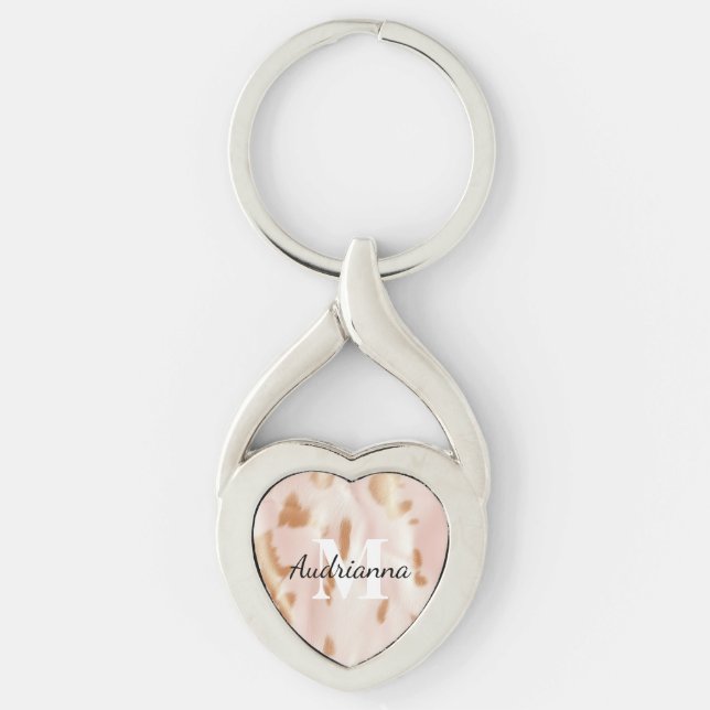  Rosa Cowgirl Cowhide Monogram Twisted Heart Silverfärgad Nyckelring (Framsidan)