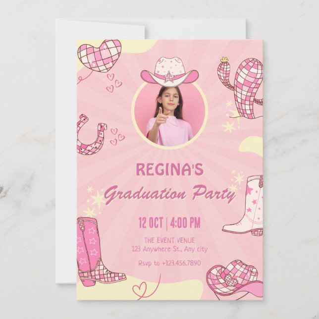 Rosa cowgirl disco-foto studenten inbjudningar (Framsida)