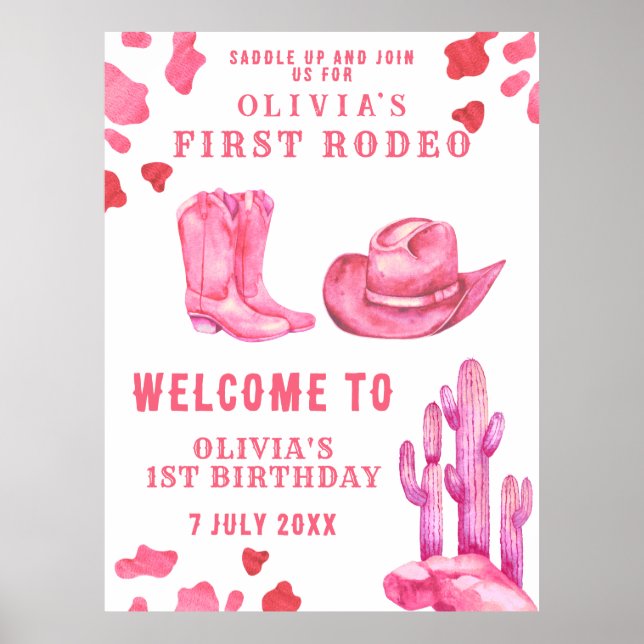Rosa Cowgirl First Födelsedagsfest Poster (Framsidan)