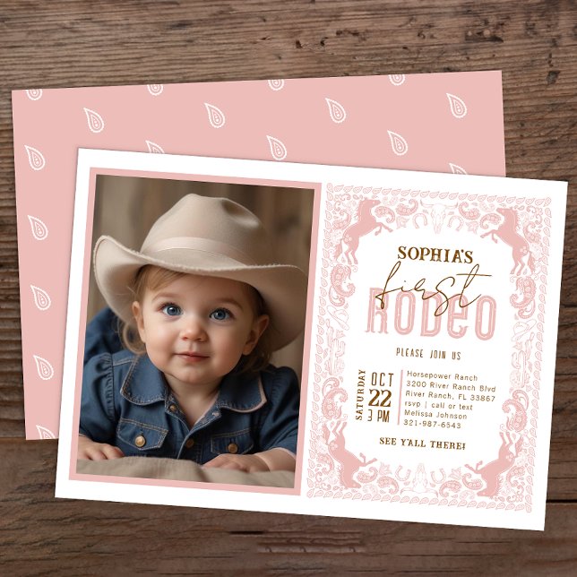 Rosa Cowgirl First Rodeo Photo Investigation - Wes Inbjudningar (Pink Rodeo Birthday Invitation)