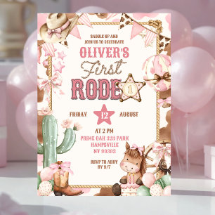 Rosa Cowgirl Flicka Första Rodeo Födelsedag Inbjudningar