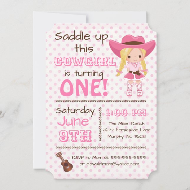 Rosa Cowgirl Födelsedagsfest inbjudan (Framsida)