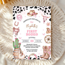 Rosa cowgirl första rodeo födelsedagsinbjudan