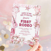 Rosa Cowgirl Första Rodeo Födelsedagsinbjudan