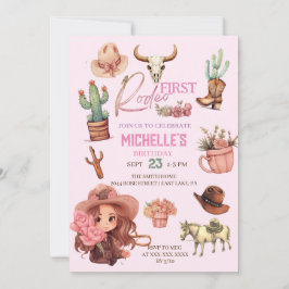 Rosa Cowgirl Första Rodeo Western Födelsedagsfest Inbjudningar