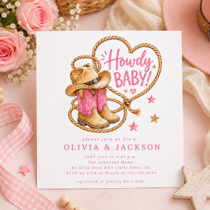 Rosa Cowgirl Fyrkantig Baby Shower Inbjudan