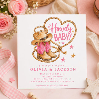 Rosa Cowgirl Fyrkantig Baby Shower Inbjudan