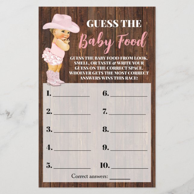 Rosa Cowgirl gissar Baby matsoporna Game Card Flygblad (Framsidan)