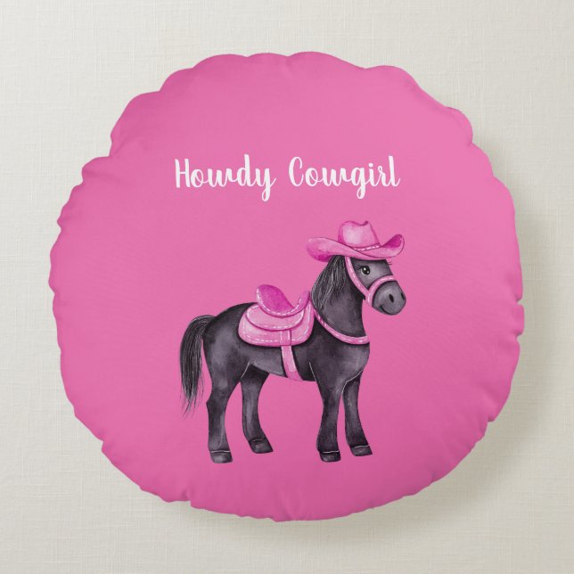 Rosa Cowgirl Hej Häst Rund Kudde (Framsidan)