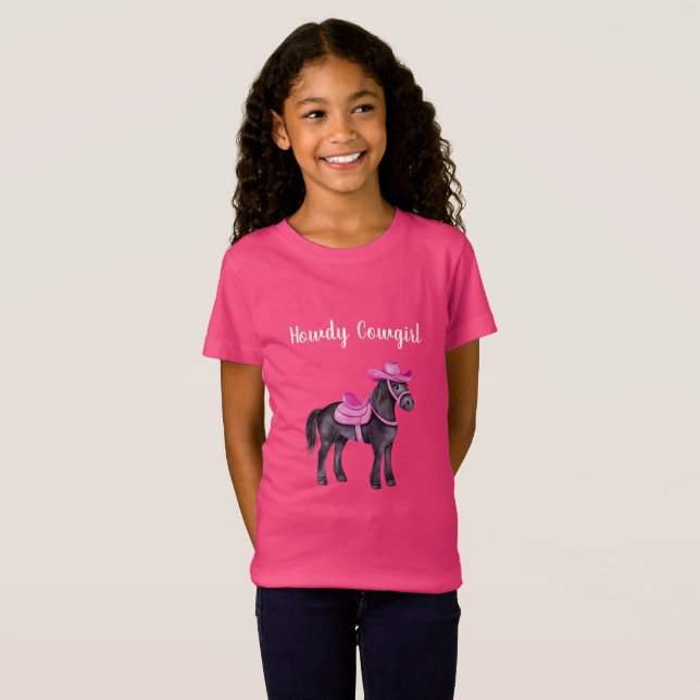 Rosa Cowgirl Hej Häst T Shirt (Hel framsida)