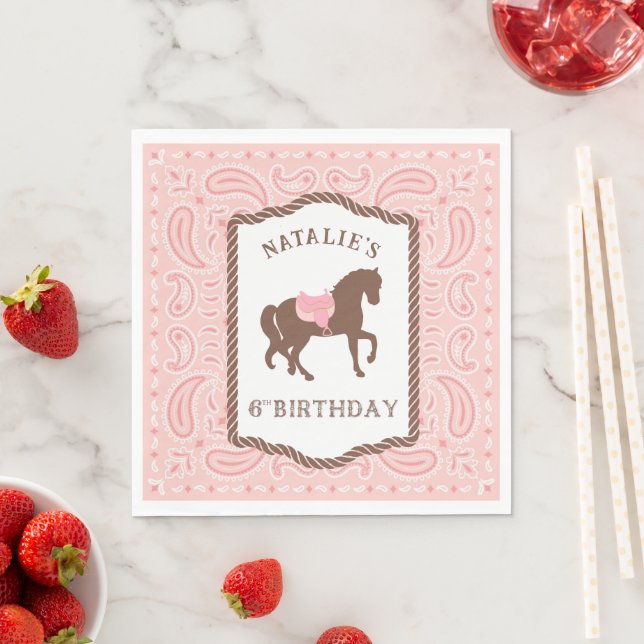 Rosa Cowgirl | Horse Silhouette 6e Birthday Pappersservett (Insitu)