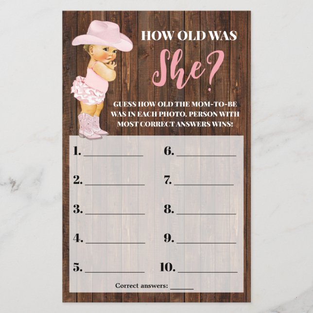 Rosa Cowgirl Hur gammal var hon Baby Shower Game? Flygblad (Framsidan)