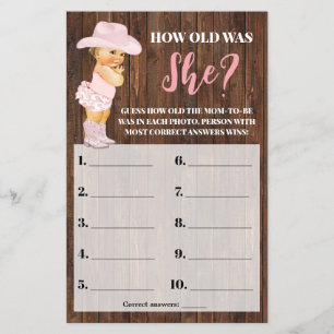 Rosa Cowgirl Hur gammal var hon Baby Shower-lek Flygblad